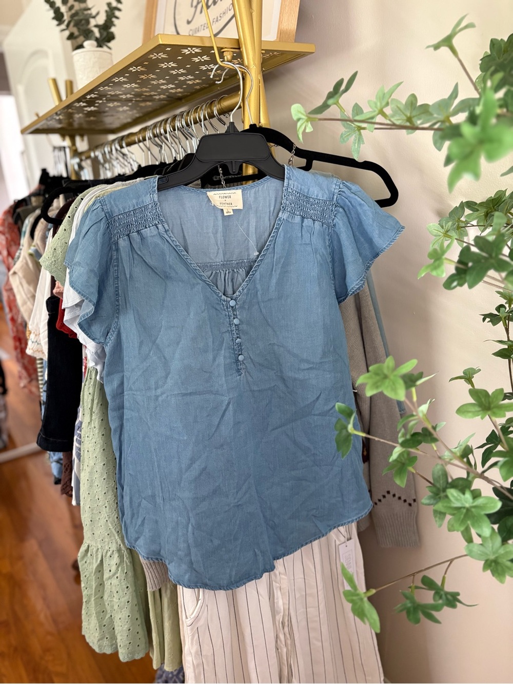 Light Blue Chambray V-Neck Flutter Sleeve Blouse